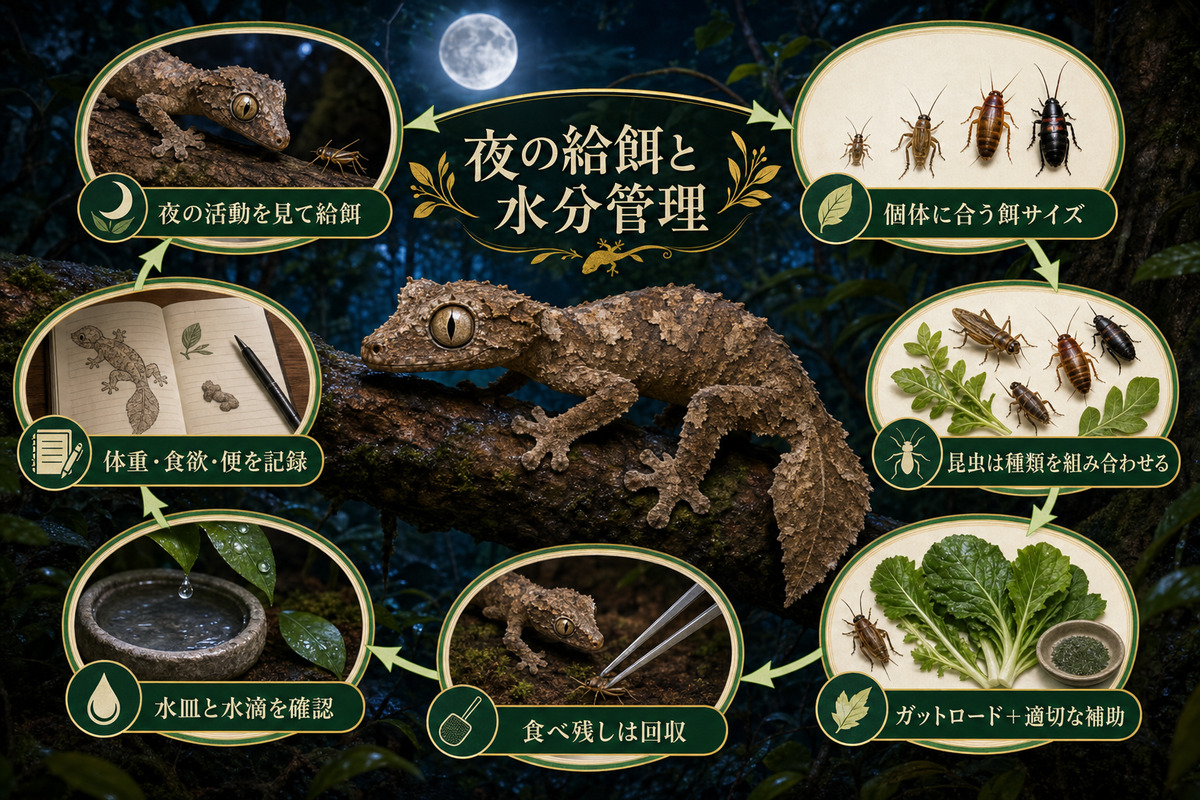 夜の活動観察、適切な昆虫サイズと多様性、ガットロード、残餌回収、水皿・水滴、体重・食欲・便の記録を示すIMAGE2図解
