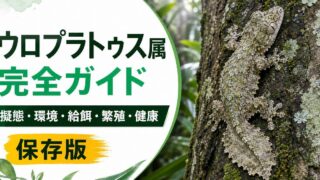 ウロプラトゥス属（ヒラオヤモリ）の擬態・飼育環境・給餌・繁殖・健康管理を解説するアイキャッチ