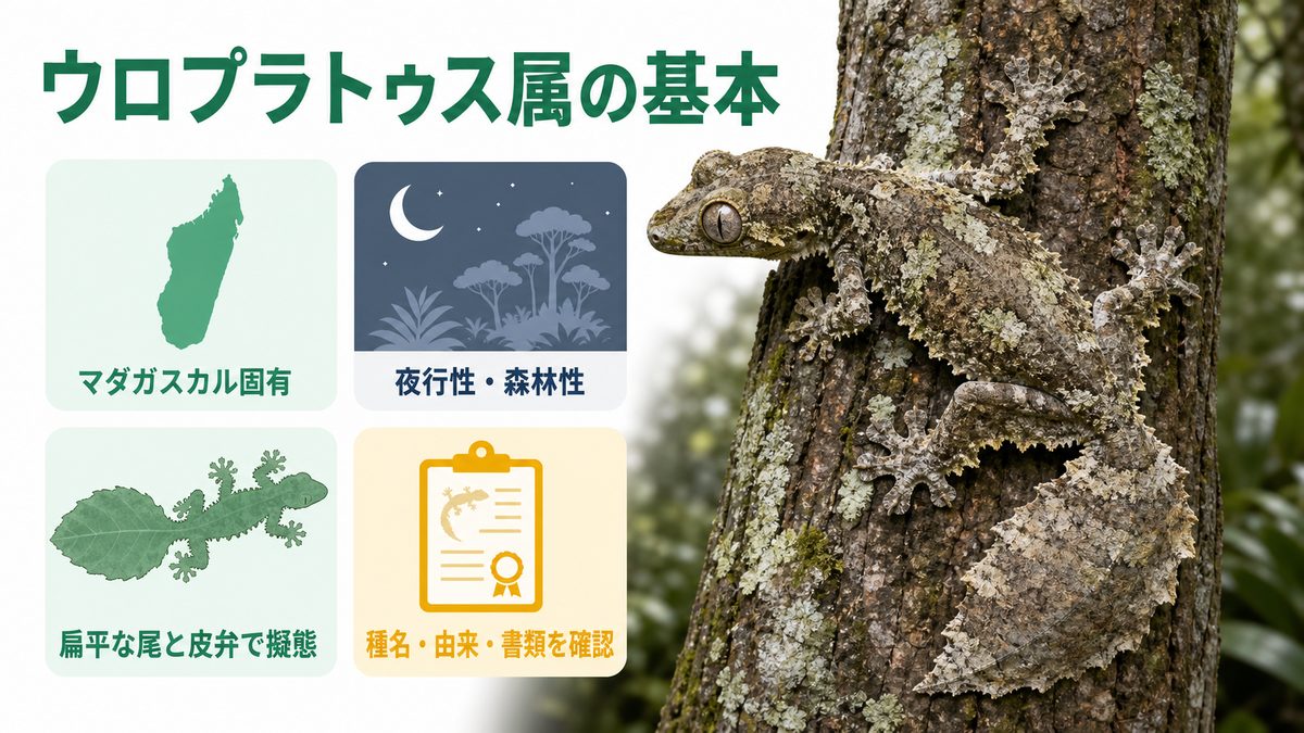 ウロプラトゥス属の基本情報とマダガスカル固有・夜行性・扁平な尾を示す図