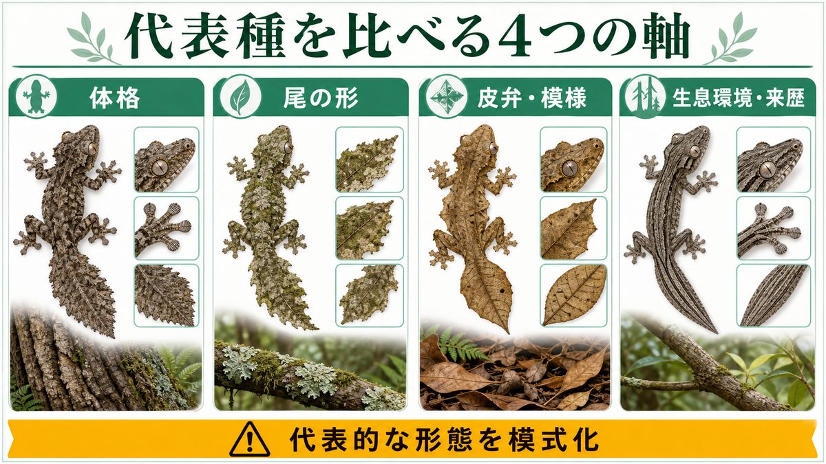 ウロプラトゥス属の代表種を体格・尾・皮弁・模様・生息環境で比較する図