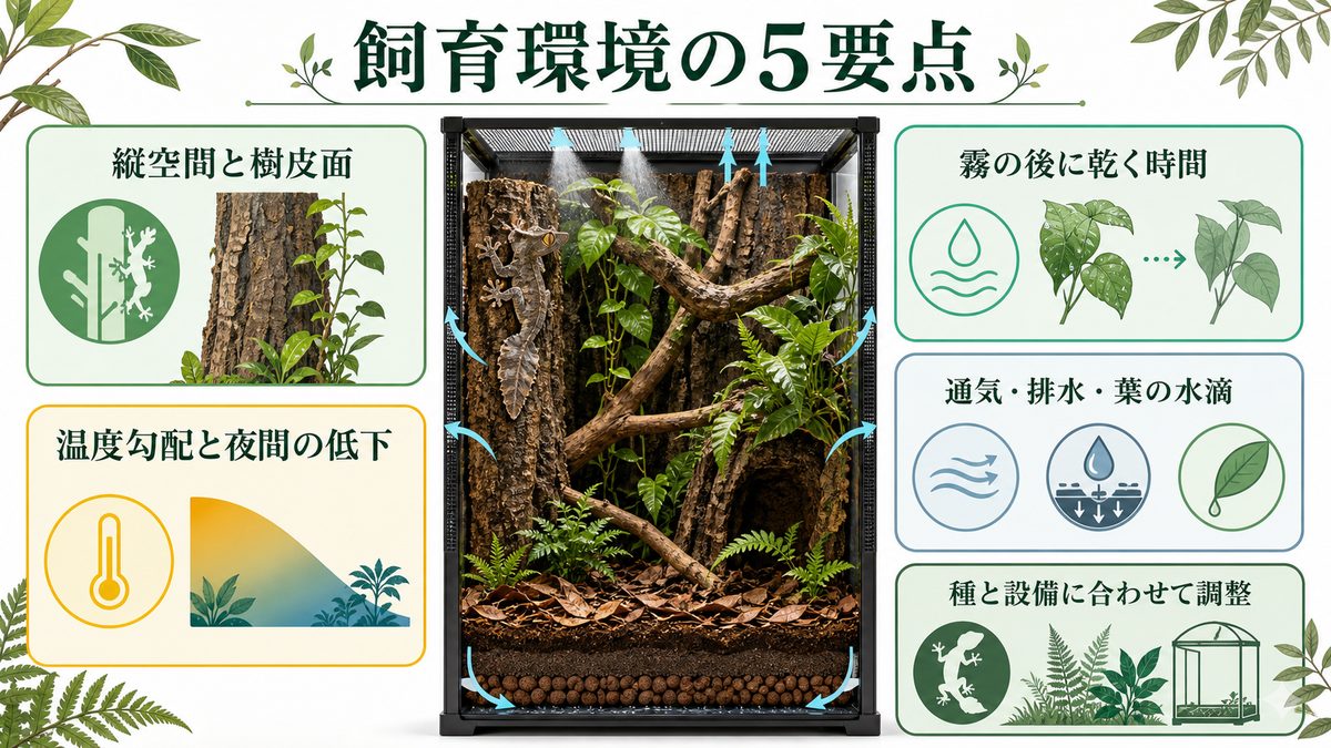 ウロプラトゥス属の縦型ケージ・温度勾配・通気・排水をまとめた飼育環境図