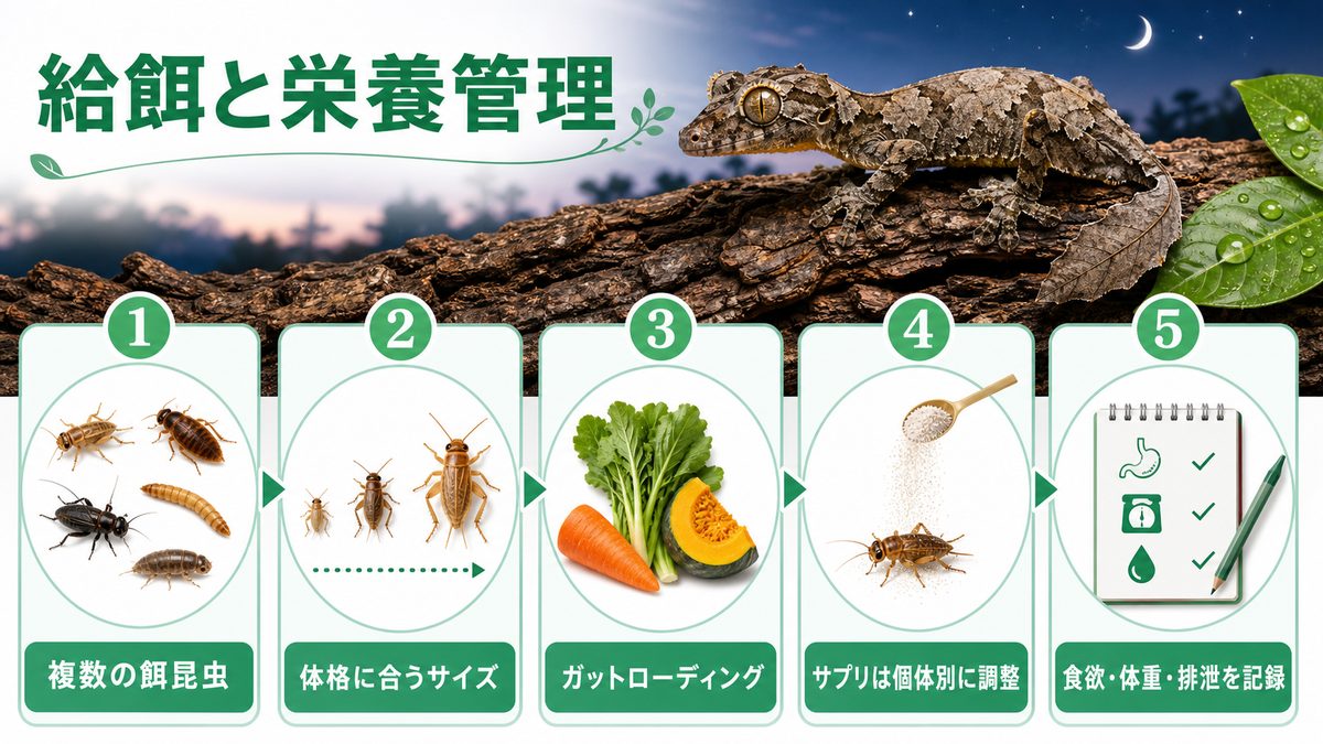 ウロプラトゥス属の餌昆虫・ガットローディング・サプリ・記録をまとめた給餌図