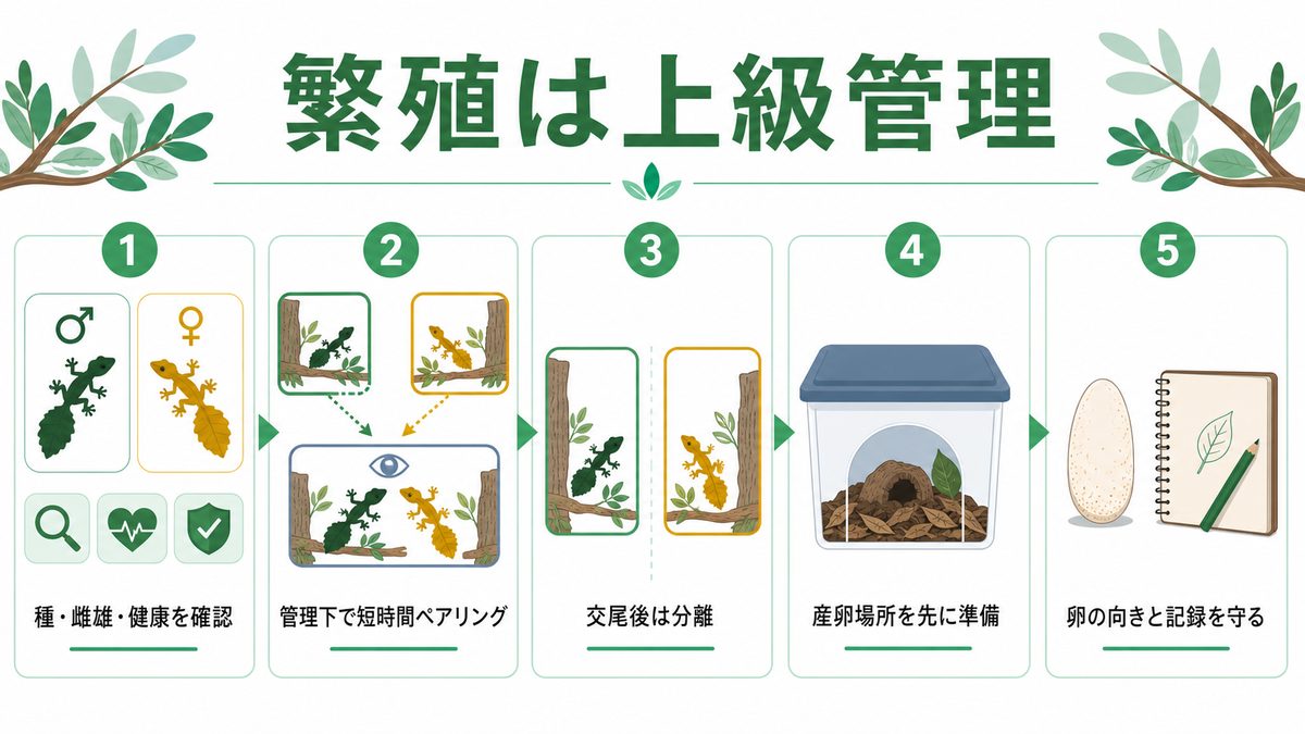 ウロプラトゥス属の雌雄確認・短時間ペアリング・産卵・卵管理を示す繁殖図