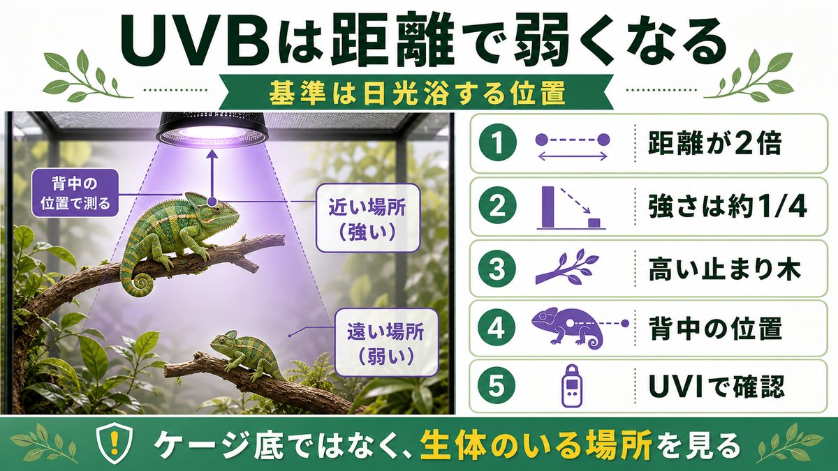 UVBは距離でこんなにも弱くなる|まず知ってほしい大原則の要点をまとめたカメレオン・爬虫類飼育インフォグラフィック