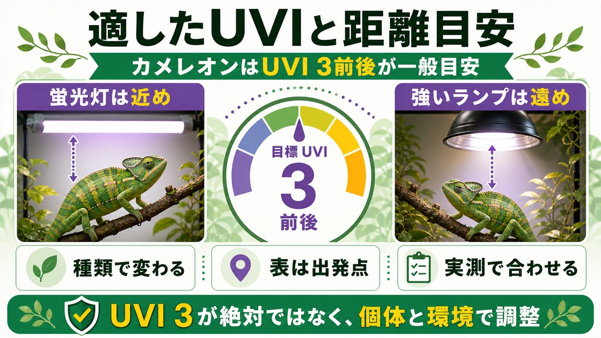 カメレオンに適したUVIとランプ別の距離目安の要点をまとめたカメレオン・爬虫類飼育インフォグラフィック