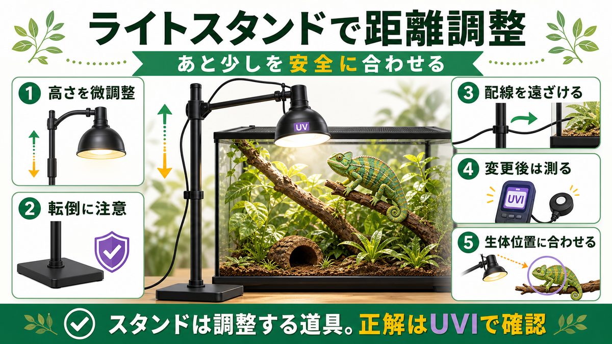 ライトスタンドで距離を細かく調整するの要点をまとめたカメレオン・爬虫類飼育インフォグラフィック