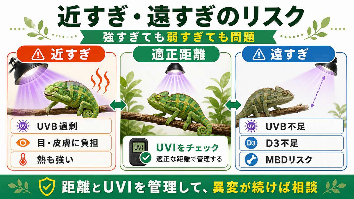 近すぎ・遠すぎ、それぞれのリスクの要点をまとめたカメレオン・爬虫類飼育インフォグラフィック