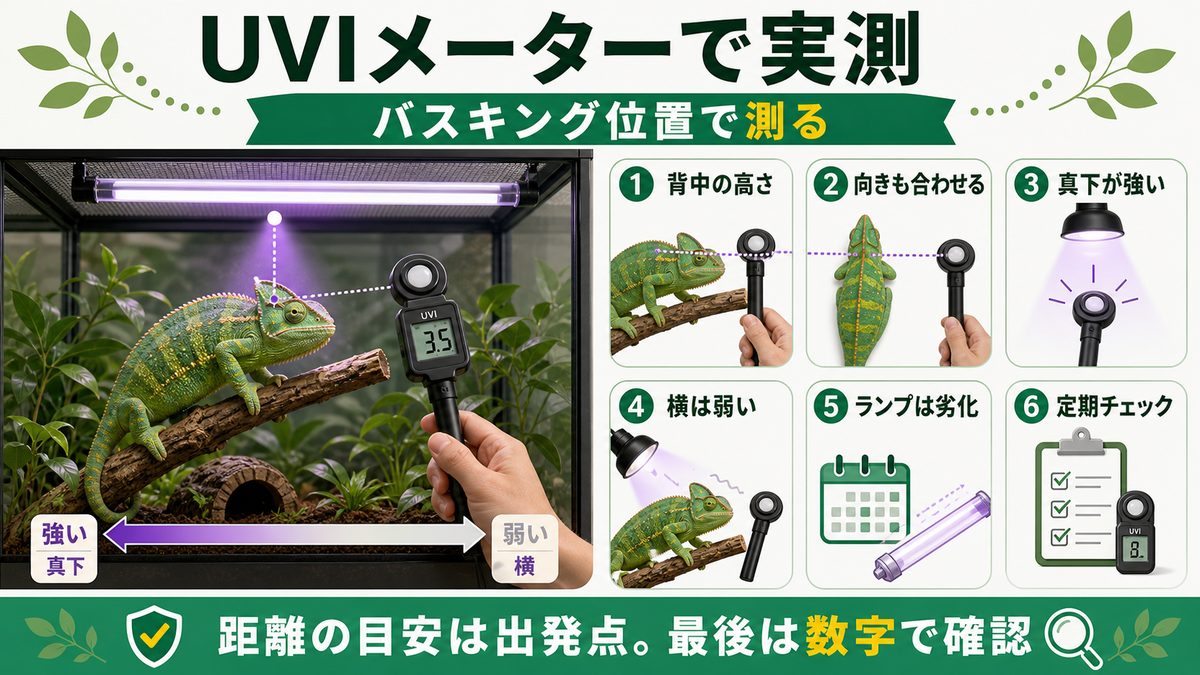 UVIメーターでバスキング位置を実測するの要点をまとめたカメレオン・爬虫類飼育インフォグラフィック