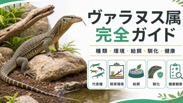 ヴァラヌス属（Varanus）完全ガイド｜オオトカゲの種類・特徴・飼育法を属レベルで解説【モニタートカゲ】の要点を伝えるカメレオン・爬虫類記事アイキャッチ画像