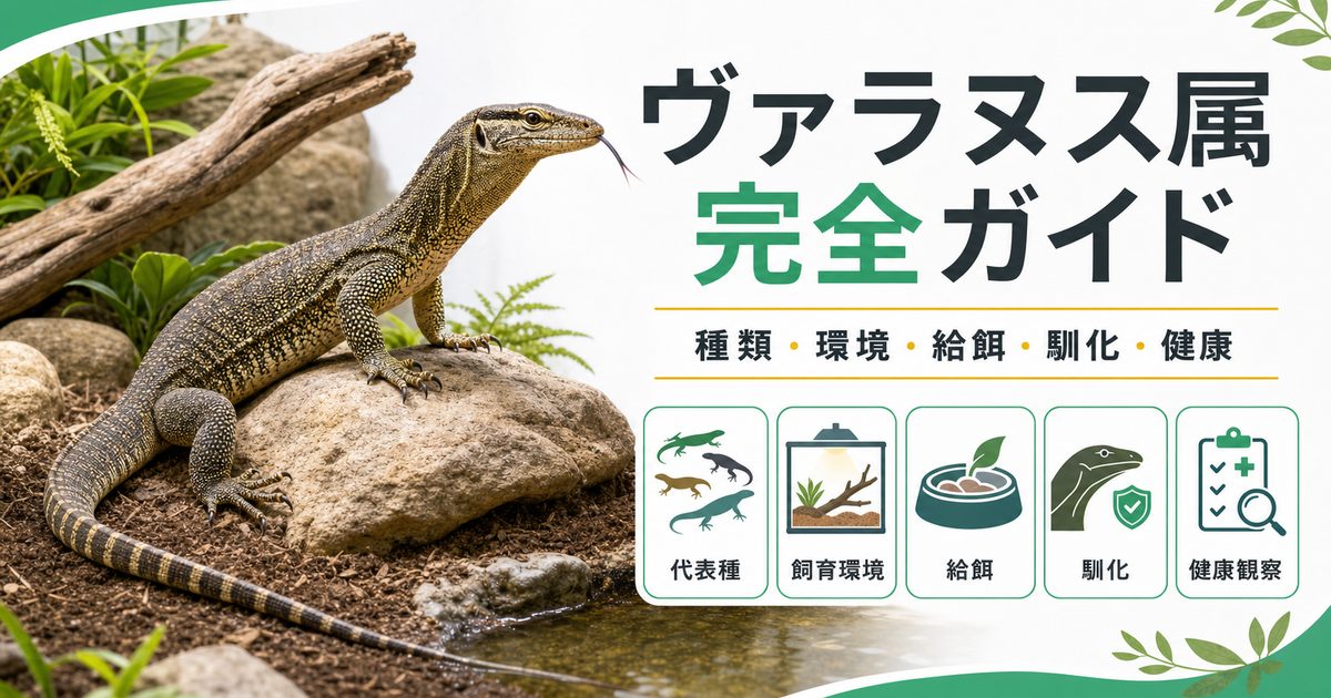ヴァラヌス属（Varanus）完全ガイド｜オオトカゲの種類・特徴・飼育法を属レベルで解説【モニタートカゲ】の要点を伝えるカメレオン・爬虫類記事アイキャッチ画像
