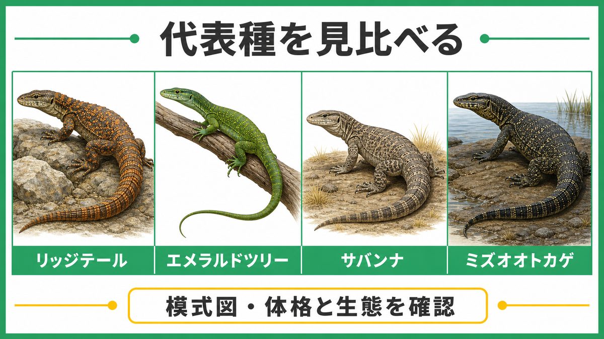 代表種の特徴と飼育難易度比較の要点をまとめたカメレオン・爬虫類飼育インフォグラフィック