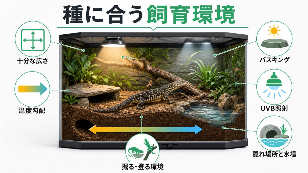飼育環境の設定：ケージ・温度・UVB・床材の要点をまとめたカメレオン・爬虫類飼育インフォグラフィック