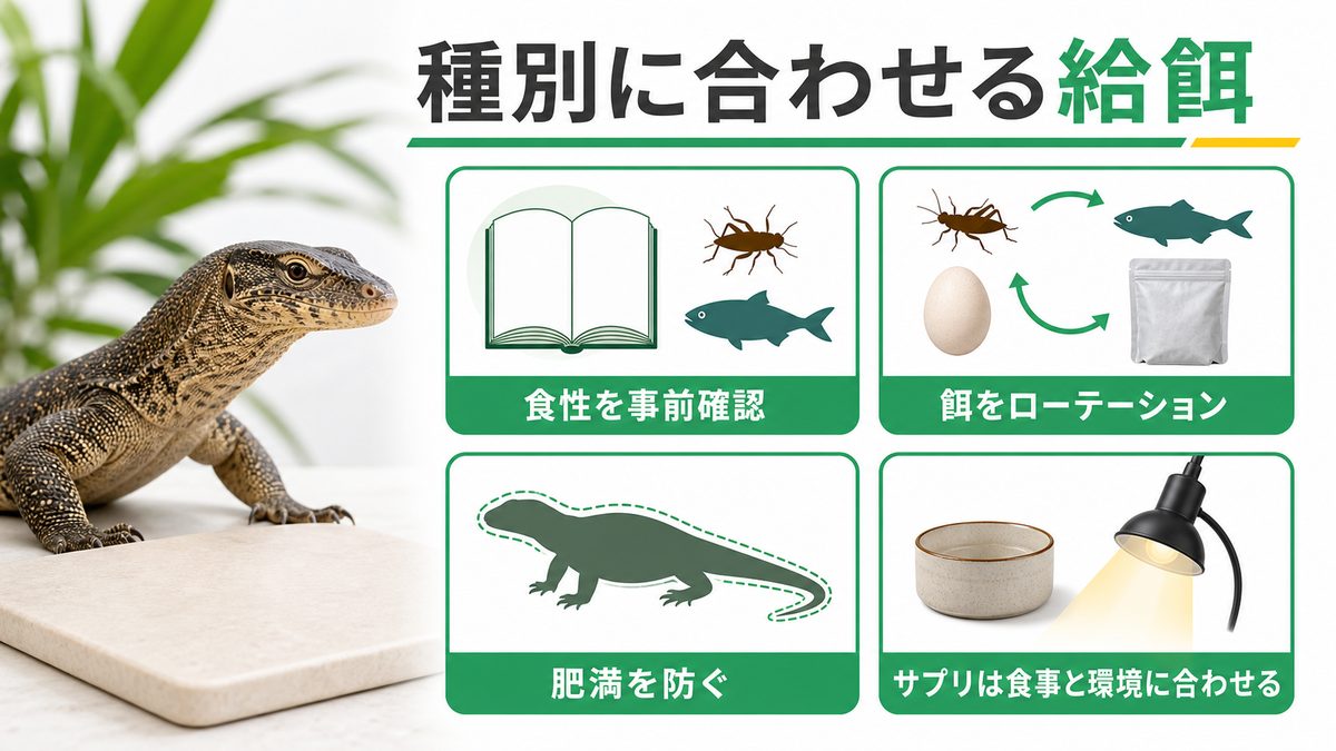 給餌と栄養管理：雑食性の多様性と種別差の要点をまとめたカメレオン・爬虫類飼育インフォグラフィック