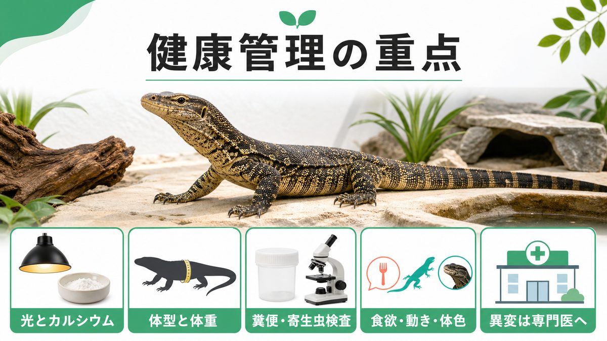 健康管理：代謝性疾患・肥満・感染症の予防と対処の要点をまとめたカメレオン・爬虫類飼育インフォグラフィック
