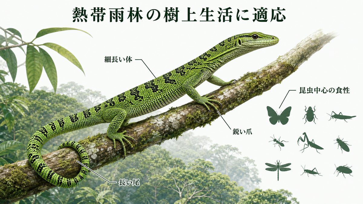 エメラルドツリーモニターの細長い体、鋭い爪、長い尾と昆虫食を示す図