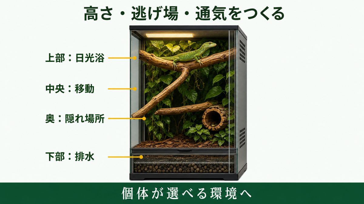 エメラルドツリーモニター用縦型ケージの日光浴、移動、隠れ場所、排水を示す図