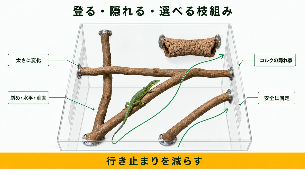 エメラルドツリーモニターが登って隠れられる枝組みと固定方法を示す図