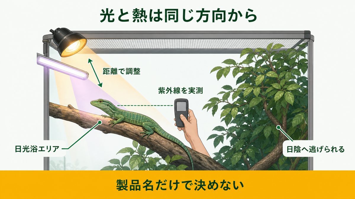 エメラルドツリーモニターのUVBと熱源、実測、日陰の光環境を示す図