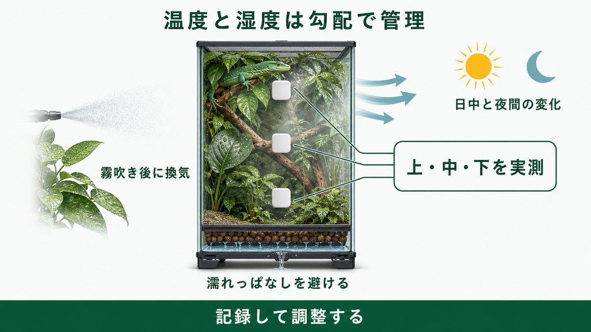 エメラルドツリーモニターの温湿度を上中下で実測し換気する管理図