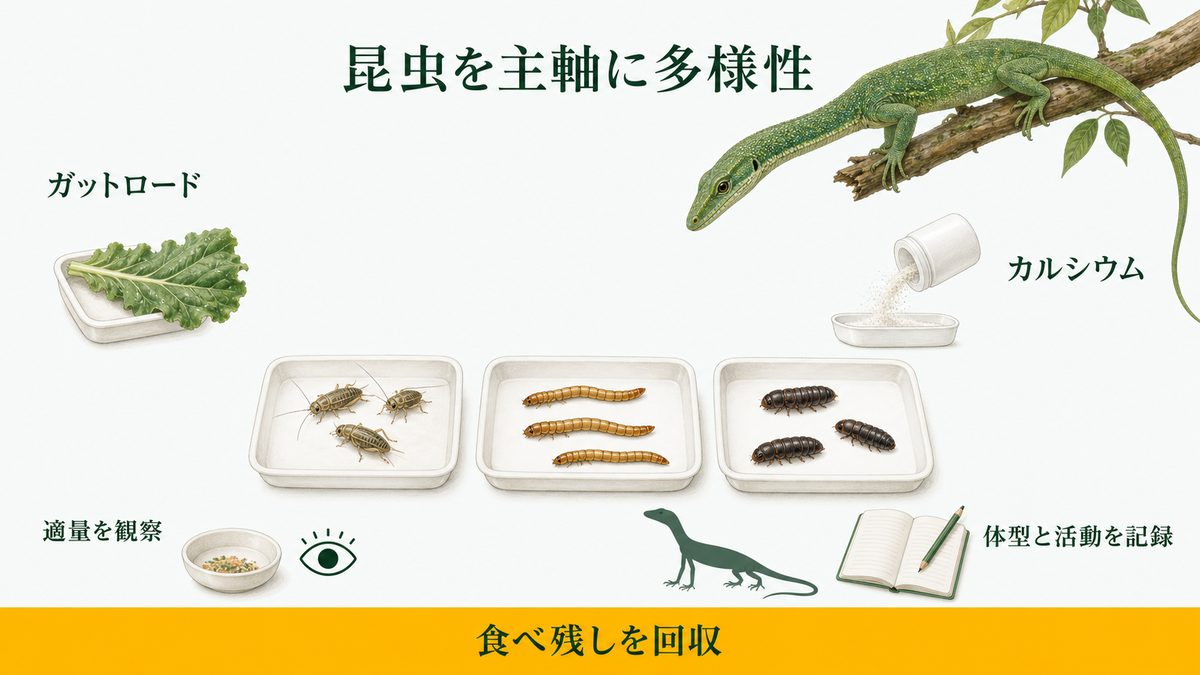 エメラルドツリーモニターの餌昆虫、ガットロード、カルシウムと給餌記録を示す図