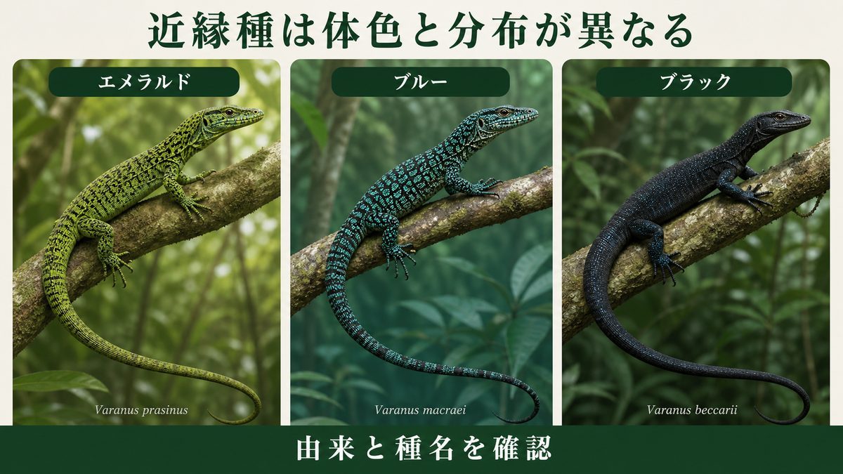 エメラルド、ブルー、ブラックのツリーモニター3種の体色を比較する図