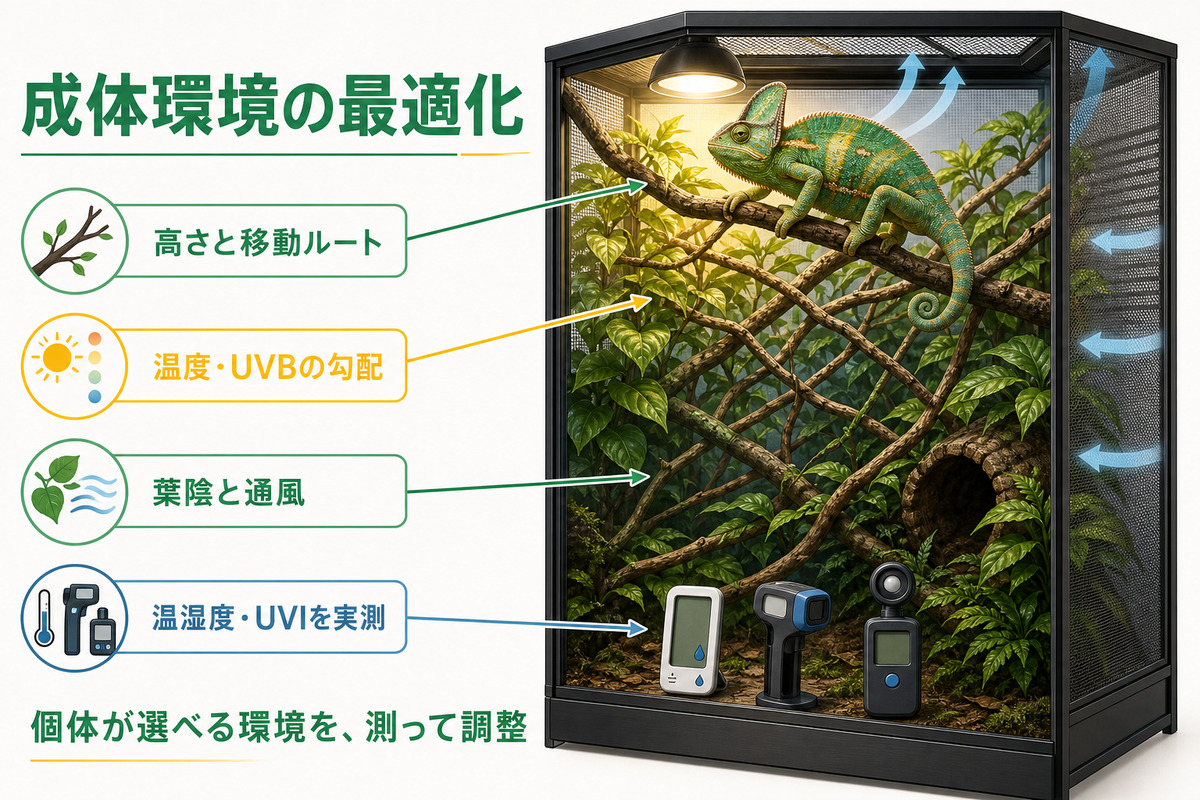 エボシカメレオン成体の枝の移動ルート・温度とUVBの勾配・葉陰と通風・環境測定をまとめた図解