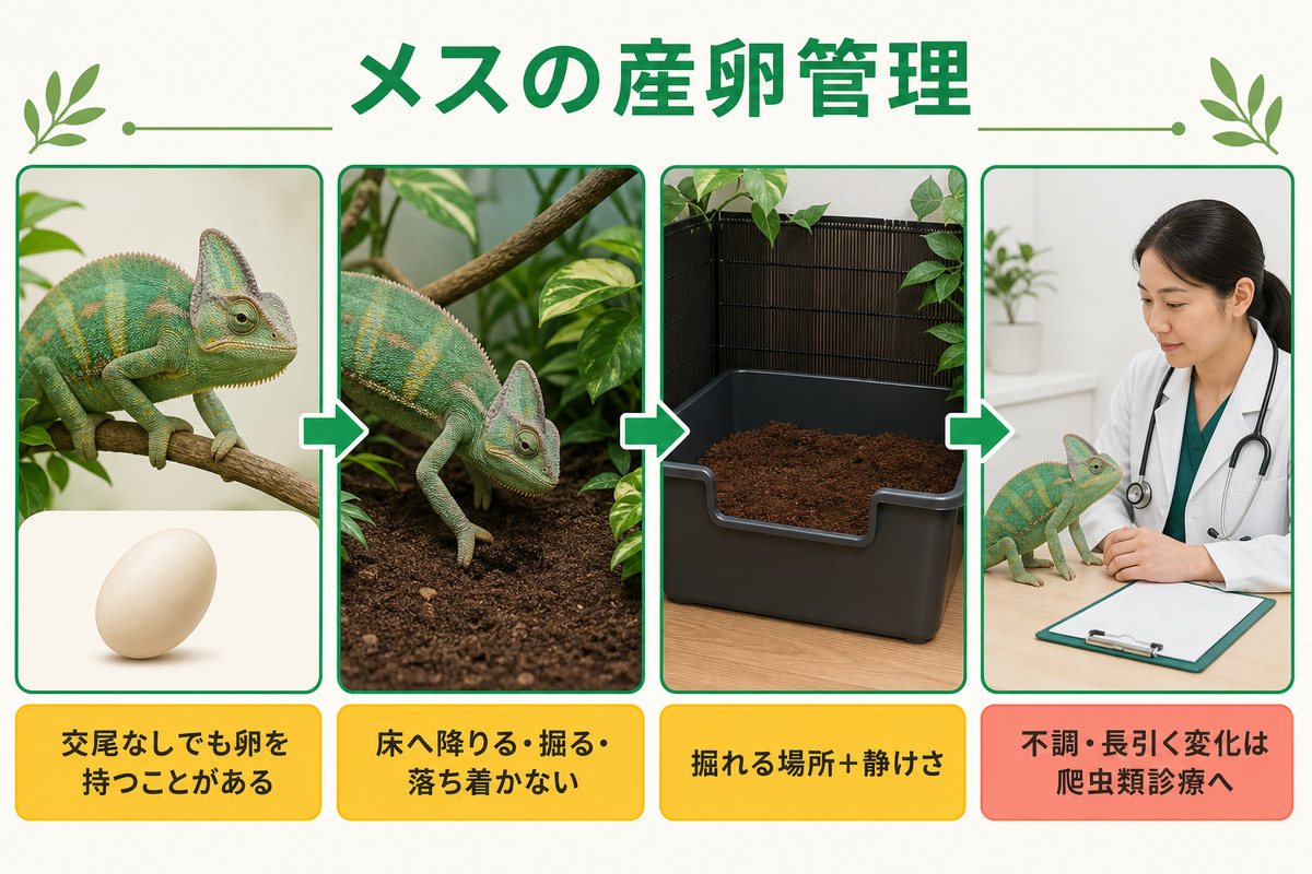 エボシカメレオンのメスが交尾なしでも卵を持つ可能性と産卵床・受診判断をまとめた図解