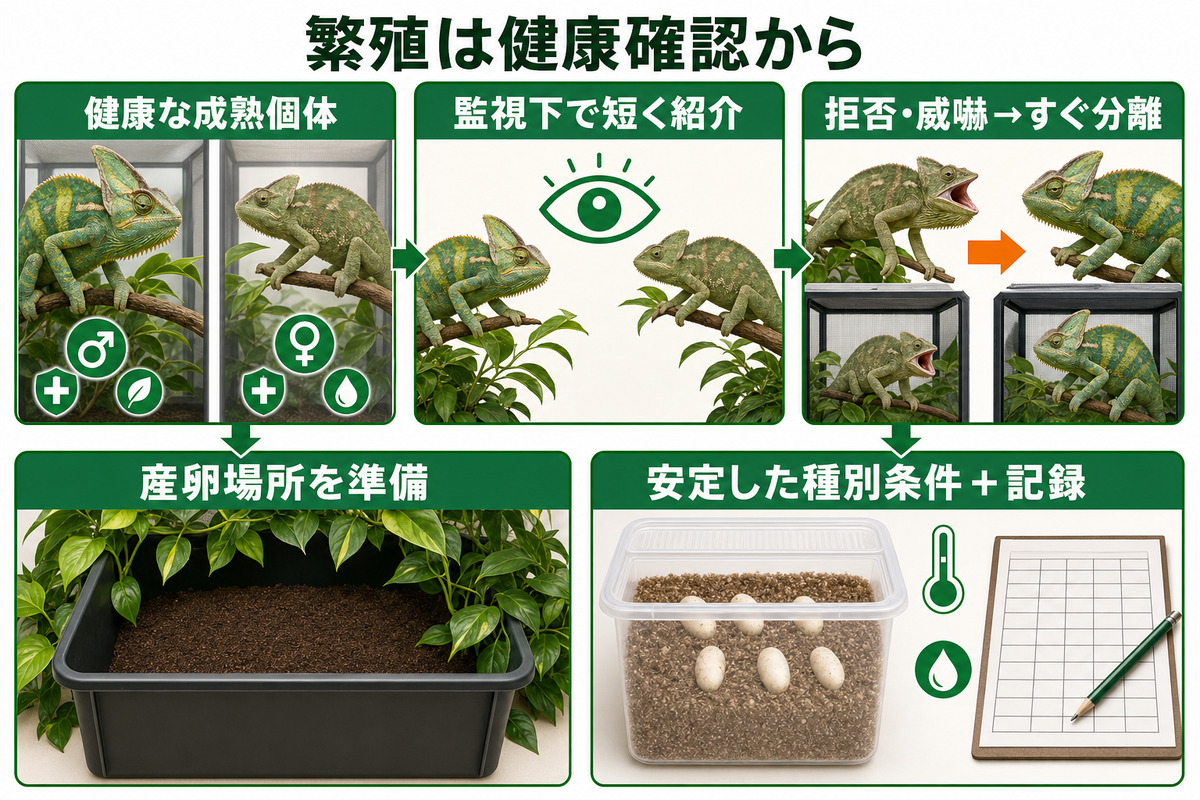 エボシカメレオンの健康確認・監視下の紹介・拒否時の分離・産卵・孵卵記録を示した繁殖図解