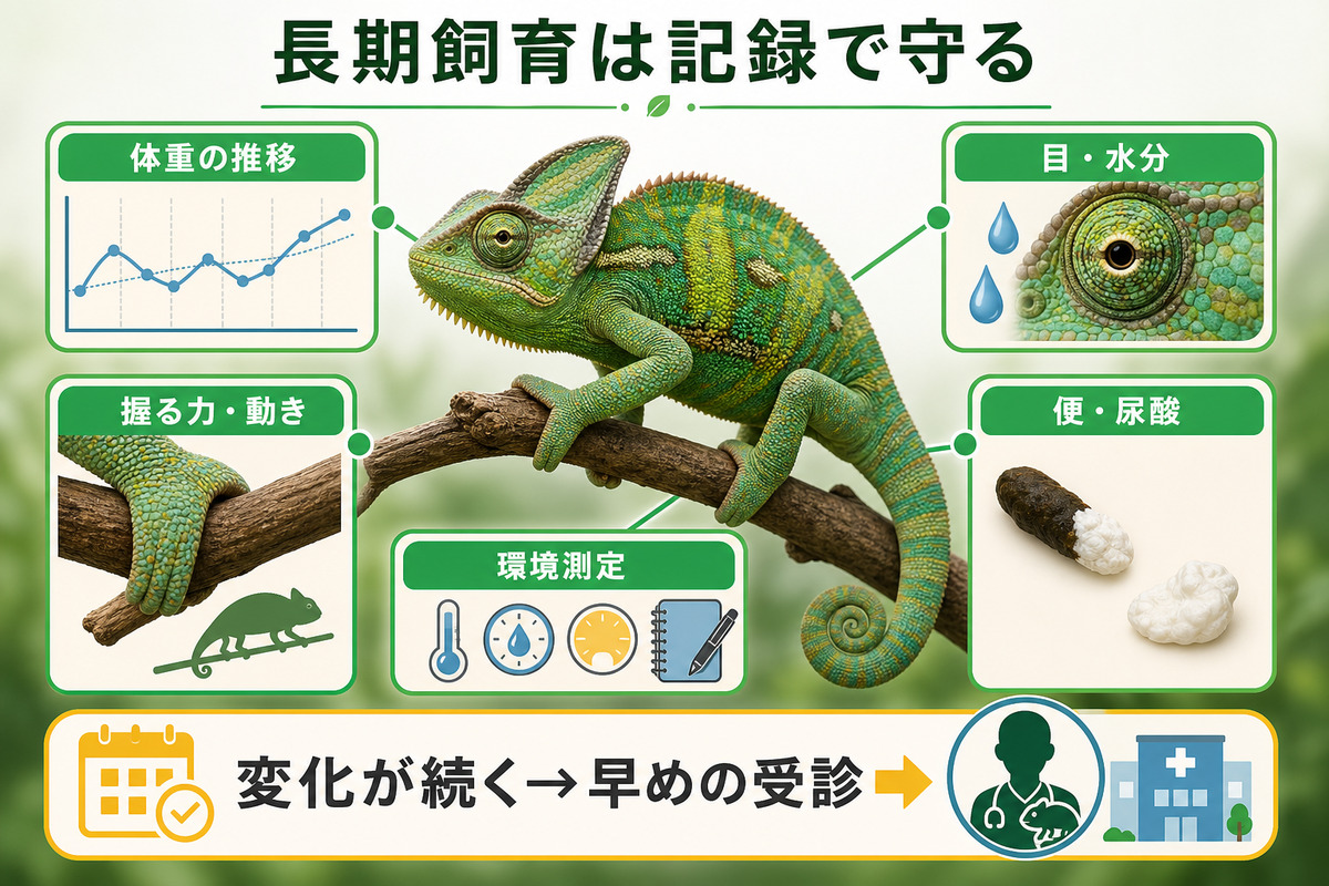 エボシカメレオンの体重・目と水分・握力と動き・排泄・飼育環境を記録する長期健康管理図解