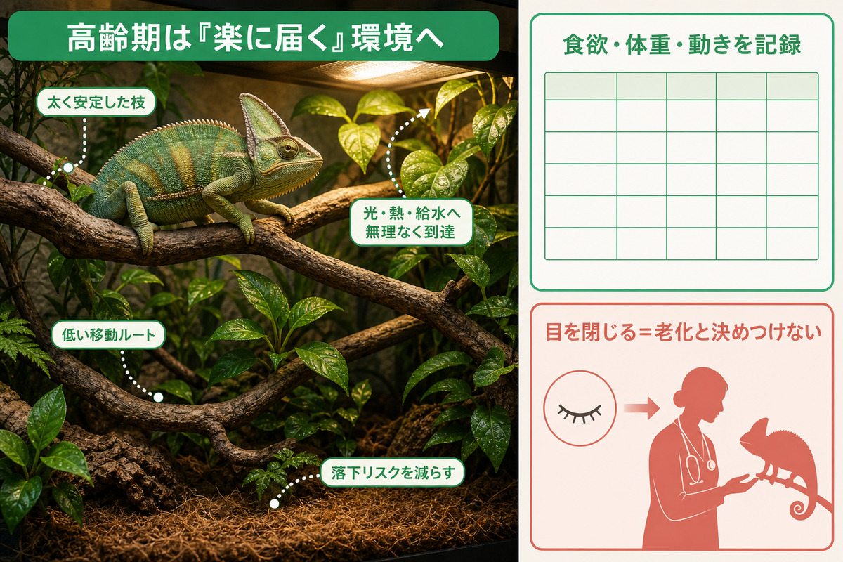 高齢のエボシカメレオンが無理なく光・熱・葉上の水滴へ届く枝配置と健康記録を示した図解