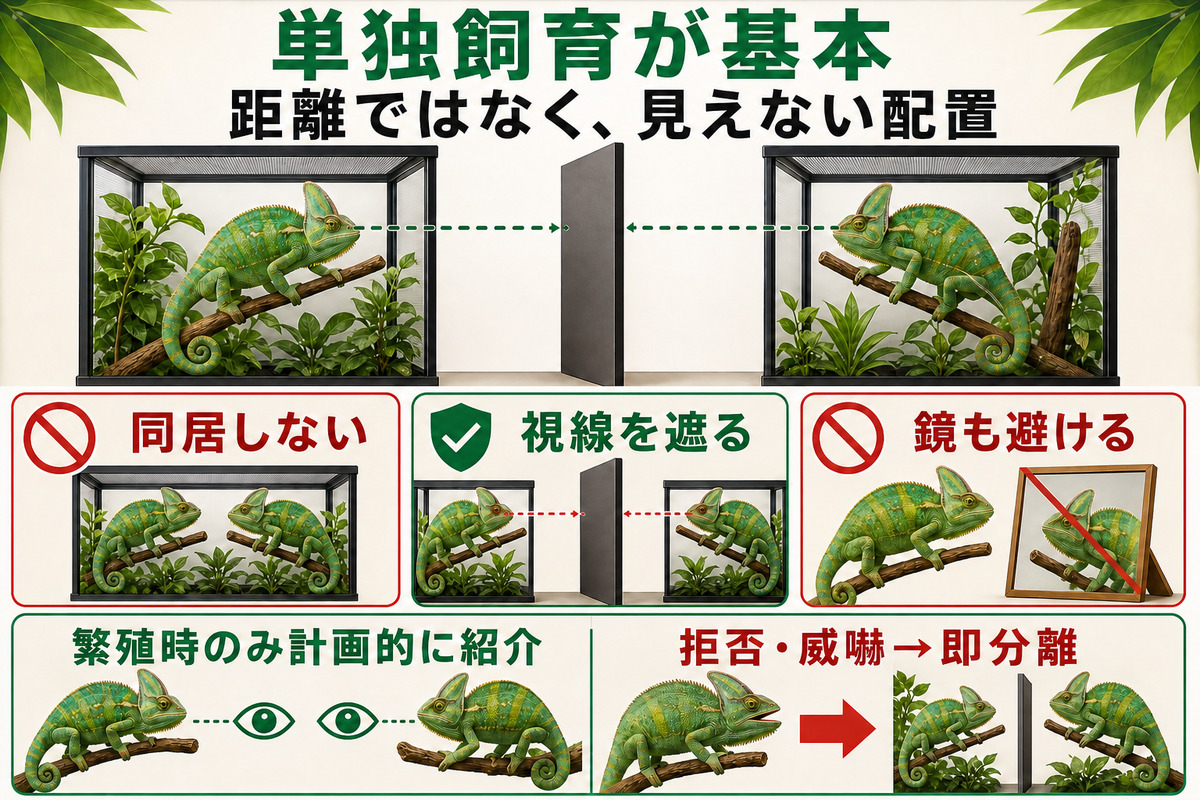 エボシカメレオンを別々のケージで単独飼育し不透明な仕切りで視線を遮る方法を示した図解