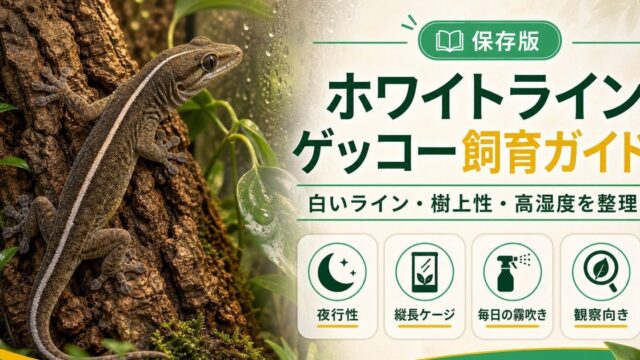ホワイトラインゲッコー（Gekko vittatus）飼育完全ガイド｜白い線が美しい樹上性ヤモリの要点を伝えるカメレオン・爬虫類記事アイキャッチ画像