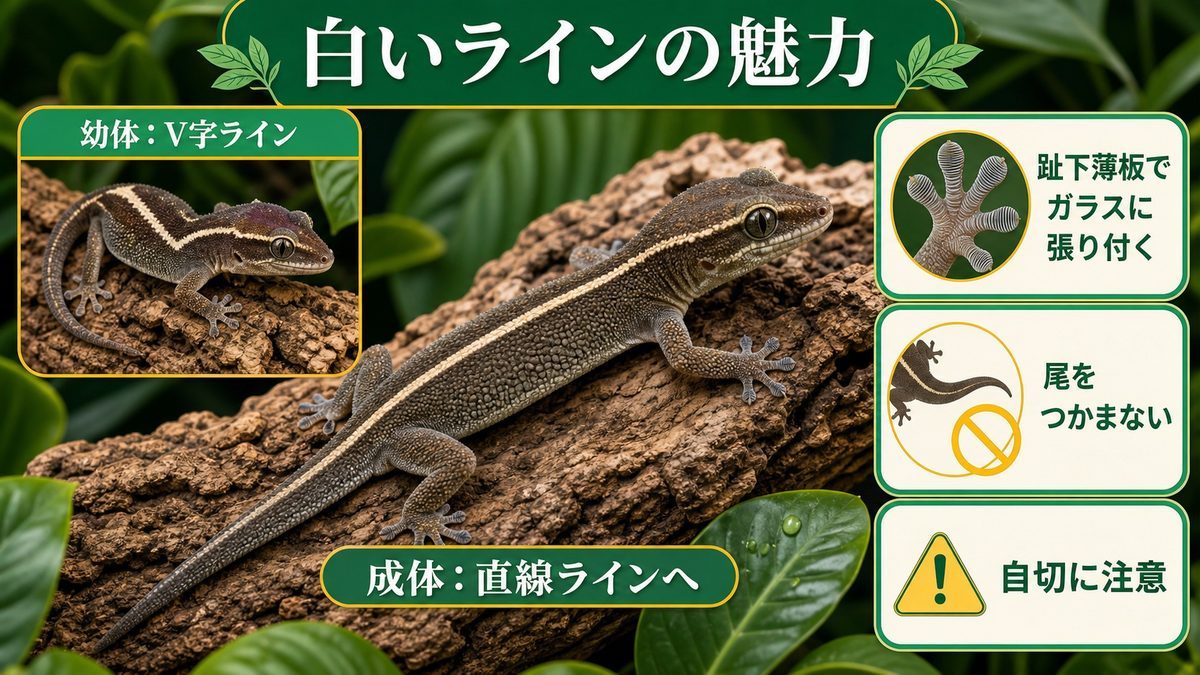 特徴・体色・サイズ（白いラインの魅力）の要点をまとめたカメレオン・爬虫類飼育インフォグラフィック