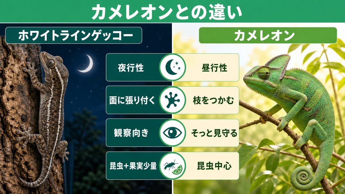 カメレオン（ぺぺ君）との違いの要点をまとめたカメレオン・爬虫類飼育インフォグラフィック