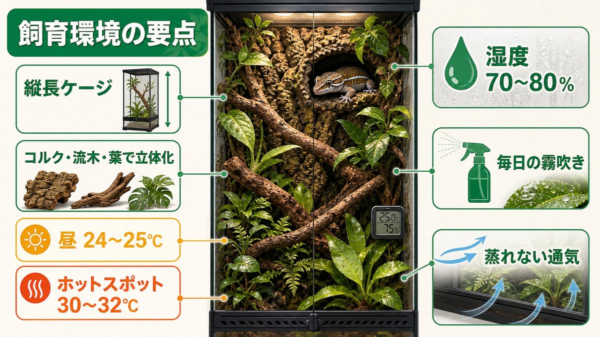 飼育環境（樹上レイアウト・高湿度）の要点をまとめたカメレオン・爬虫類飼育インフォグラフィック
