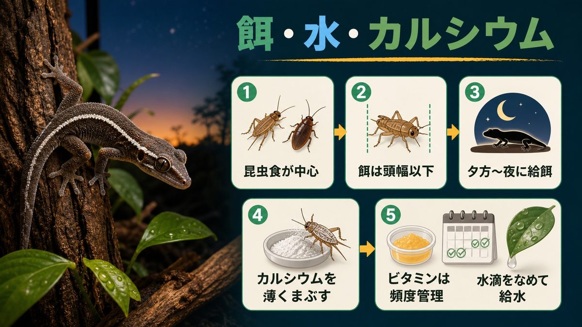 餌・水・カルシウムの要点をまとめたカメレオン・爬虫類飼育インフォグラフィック