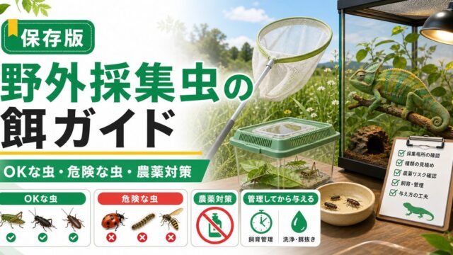 野外で採れた虫を爬虫類の餌に！与えてOKな虫・危険な虫・農薬と寄生虫のリスク対策の要点を伝えるカメレオン・爬虫類記事アイキャッチ画像