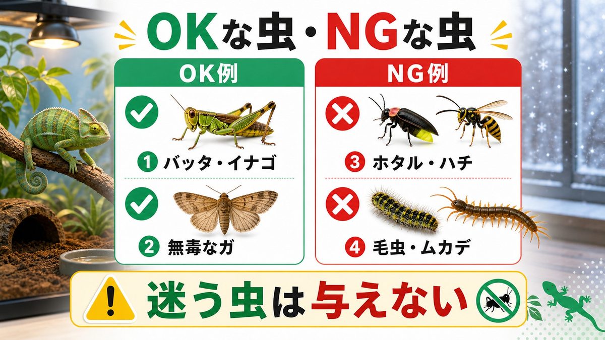 与えてよい虫・絶対NGな危険な虫の要点をまとめたカメレオン・爬虫類飼育インフォグラフィック