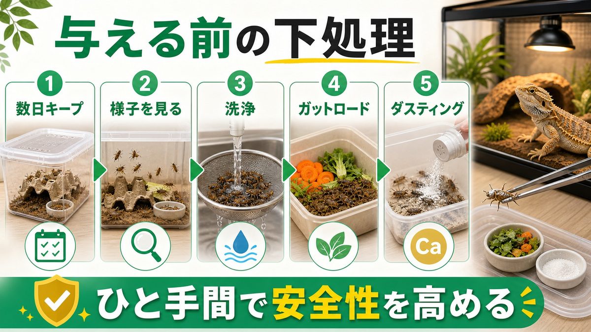 下処理・キープ・ガットロード・与え方の要点をまとめたカメレオン・爬虫類飼育インフォグラフィック