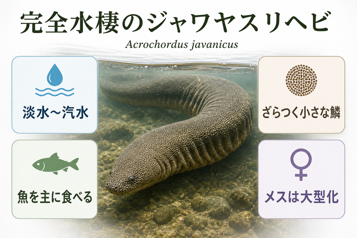 ジャワヤスリヘビの淡水から汽水の生息域・粒状の鱗・魚食・メスの大型化をまとめた図解