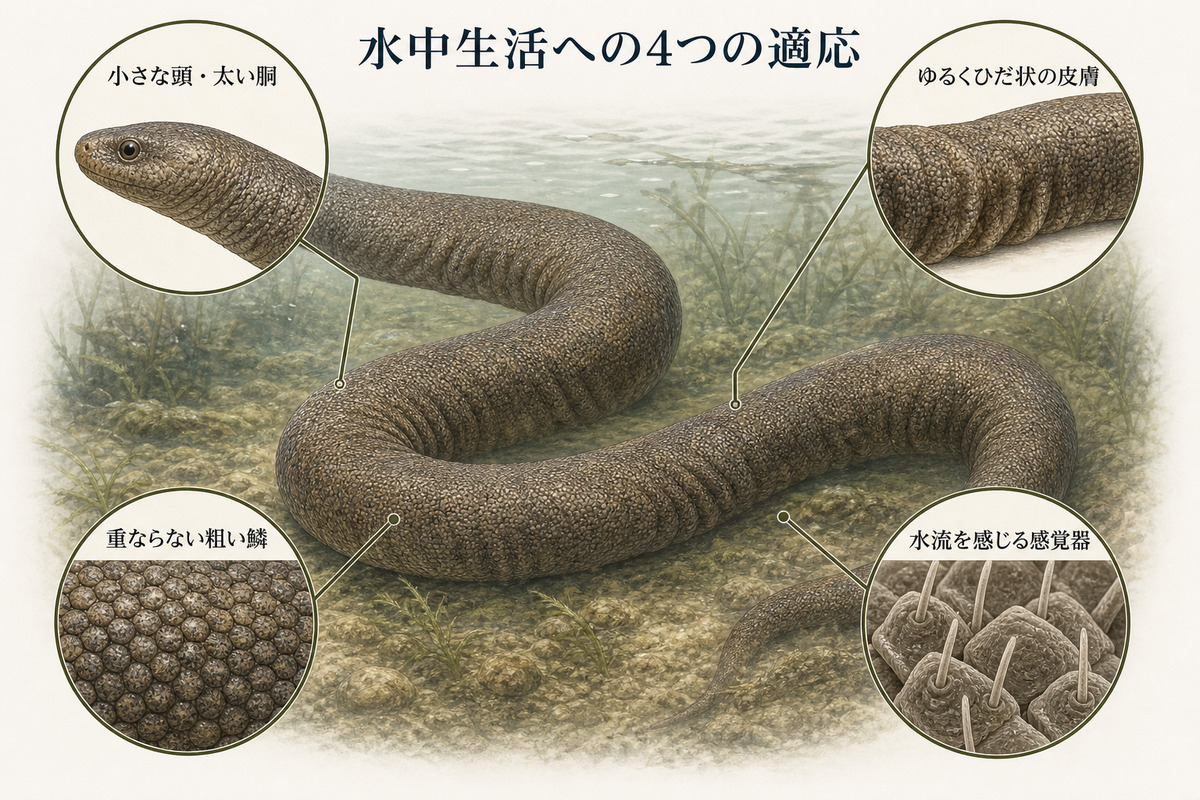 ジャワヤスリヘビの小さな頭・太い胴・ひだ状の皮膚・粗い粒状鱗・鱗の感覚器を示した図解