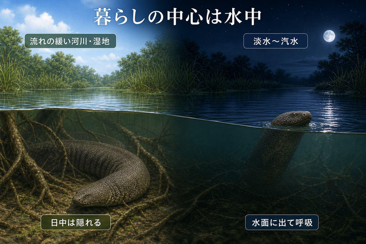 ジャワヤスリヘビが淡水から汽水の緩流域に暮らし日中は隠れて水面で呼吸する生態図