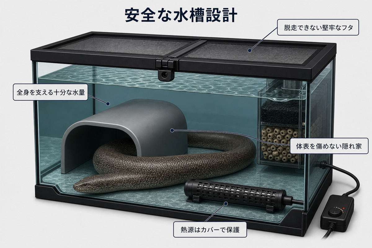 十分な水量・滑らかな隠れ家・保護された熱源・堅牢な蓋を備えたジャワヤスリヘビの水槽図