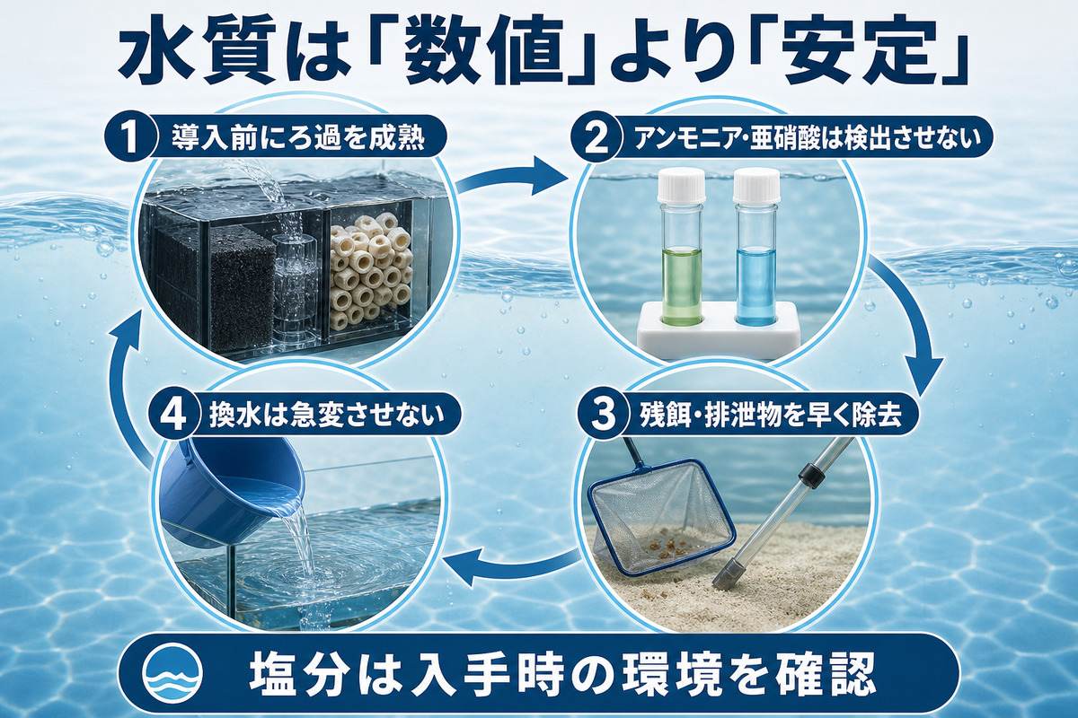 ろ過の成熟・アンモニアと亜硝酸の検査・残餌除去・急変を避けた換水を示す水質管理図
