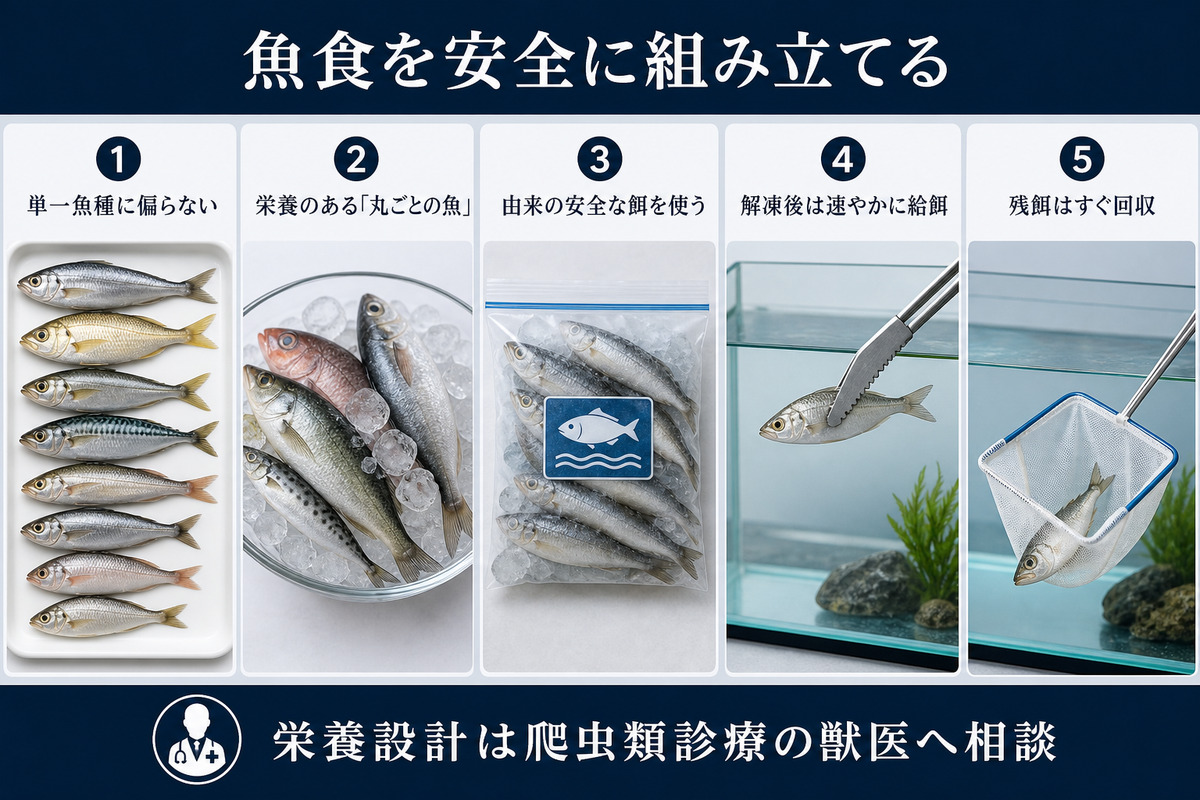 安全な由来の丸ごとの魚を複数種で組み立て解凍後の給餌と残餌回収を行う手順図