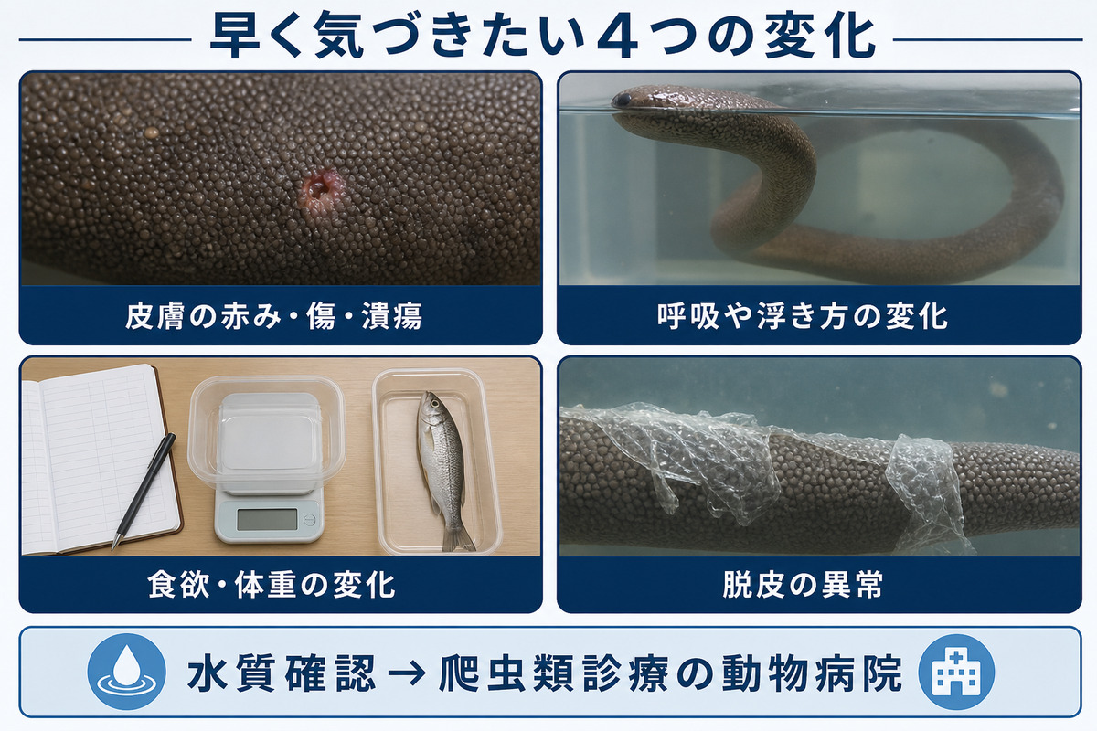皮膚病変・呼吸や浮き方・食欲と体重・脱皮の異常を早期発見する健康観察図