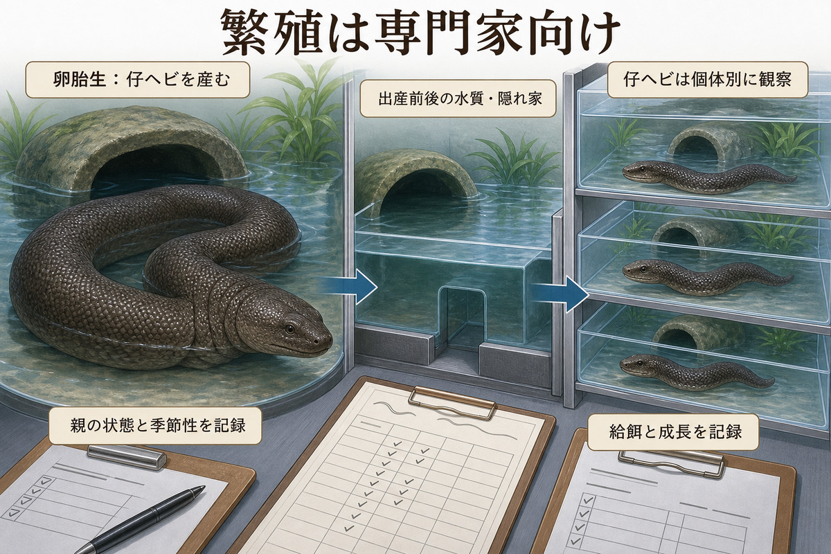 ジャワヤスリヘビの卵胎生・親の季節記録・出産環境・仔ヘビの個別観察と成長記録を示す図解