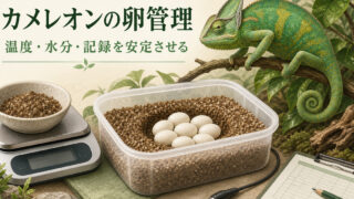 カメレオンの卵を床材・独立温度プローブ・重量計・記録票で安定管理するガイドのアイキャッチ