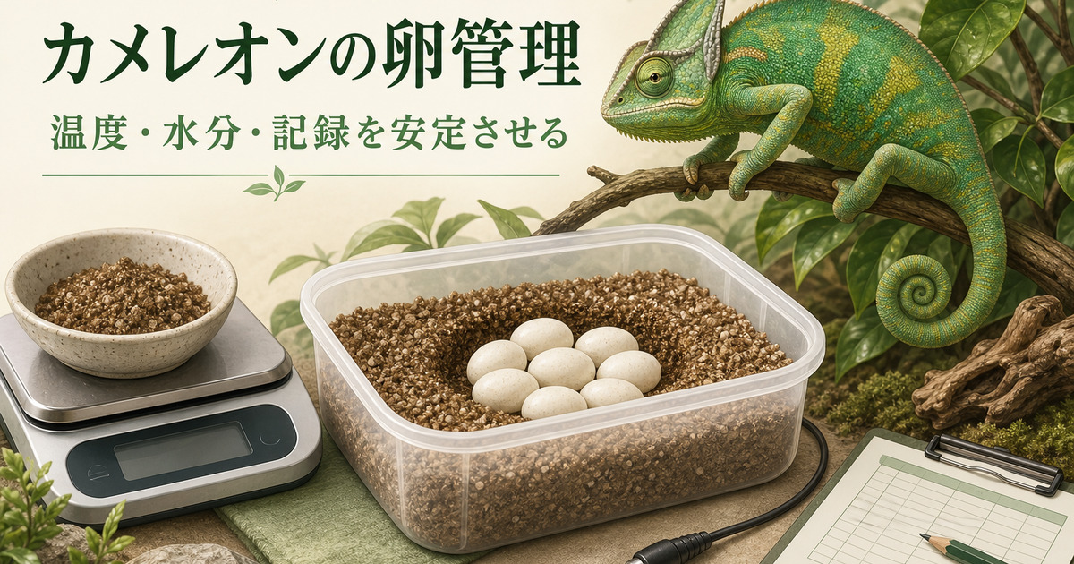 カメレオンの卵を床材・独立温度プローブ・重量計・記録票で安定管理するガイドのアイキャッチ