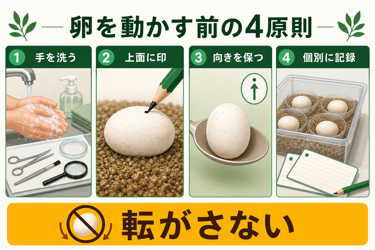 手洗い・卵の上面への印・向きを保った移動・個別記録という卵を動かす前の4原則